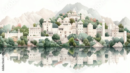 Rajasthan Palace Illustration   Indian Architecture  Cityscape  Lake Reflection photo