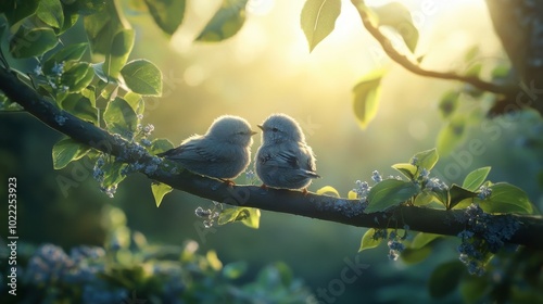 A playful scene of two little birds snuggling together on a tree branch, surrounded by soft morning light and gentle foliage.