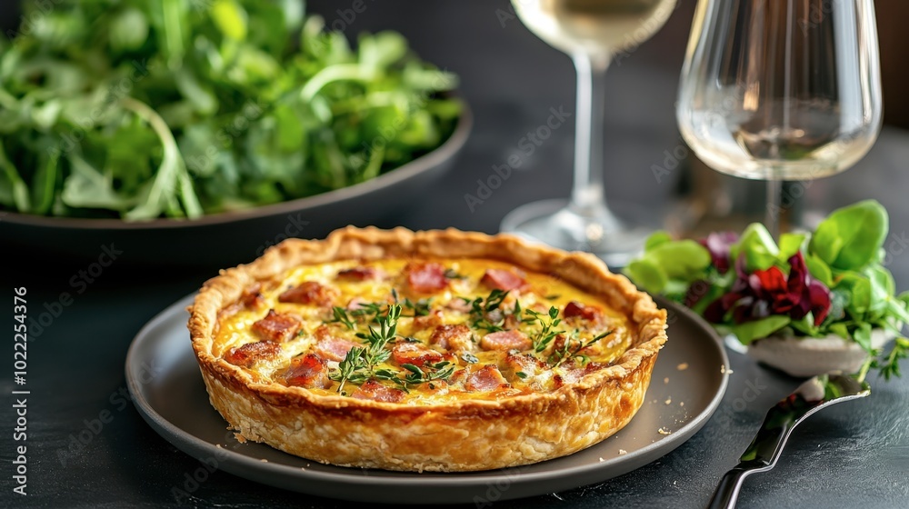 A savory ham sausage quiche, with a golden crust, served alongside a fresh salad and a glass of white wine. A savory ham sausage quiche, with a golden crust, served alongside a fresh salad and a glass of white wine.