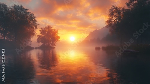 Misty lake at sunrise with a beautiful orange sky.