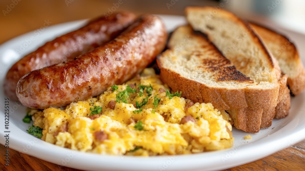 Ham sausage served with scrambled eggs, hash browns, and toast for a classic diner-style breakfast. Ham sausage served with scrambled eggs, hash browns, and toast for a classic diner-style breakfast.
