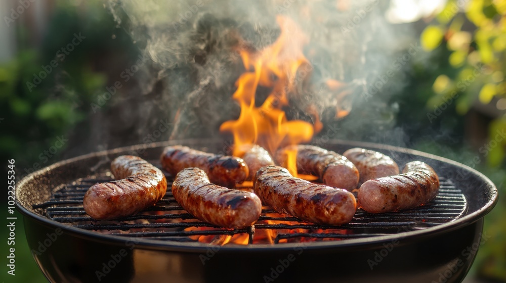 Ham sausages sizzling on a grill, surrounded by smoke and flames, perfect for a summer barbecue scene. Ham sausages sizzling on a grill, surrounded by smoke and flames, perfect for a summer barbecue scene.