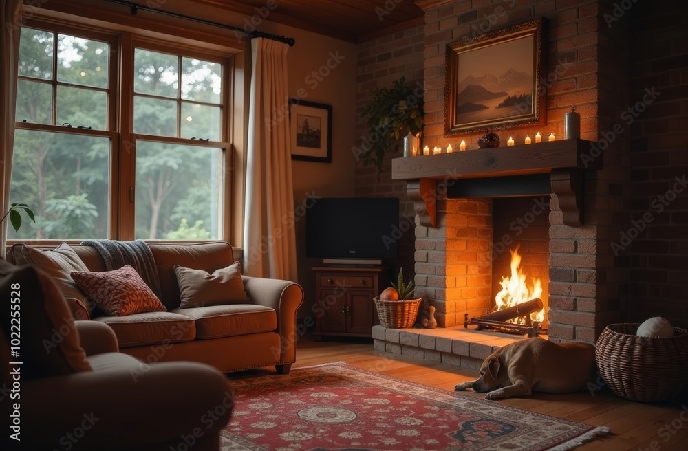 Cozy living room with a fireplace and tranquil ambiance during a rainy afternoon Cozy living room with a fireplace and tranquil ambiance during a rainy afternoon