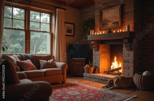 Cozy living room with a fireplace and tranquil ambiance during a rainy afternoon photo