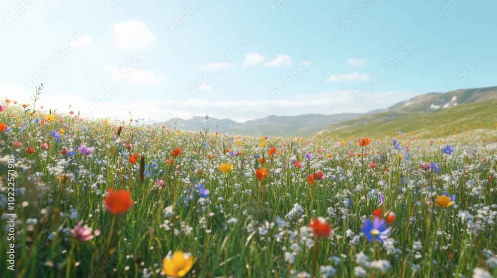 A wildflower field gently swaying in the breeze under a clear sky, evoking a sense of freedom and connection to nature. A wildflower field gently swaying in the breeze under a clear sky, evoking a sense of freedom and connection to nature.