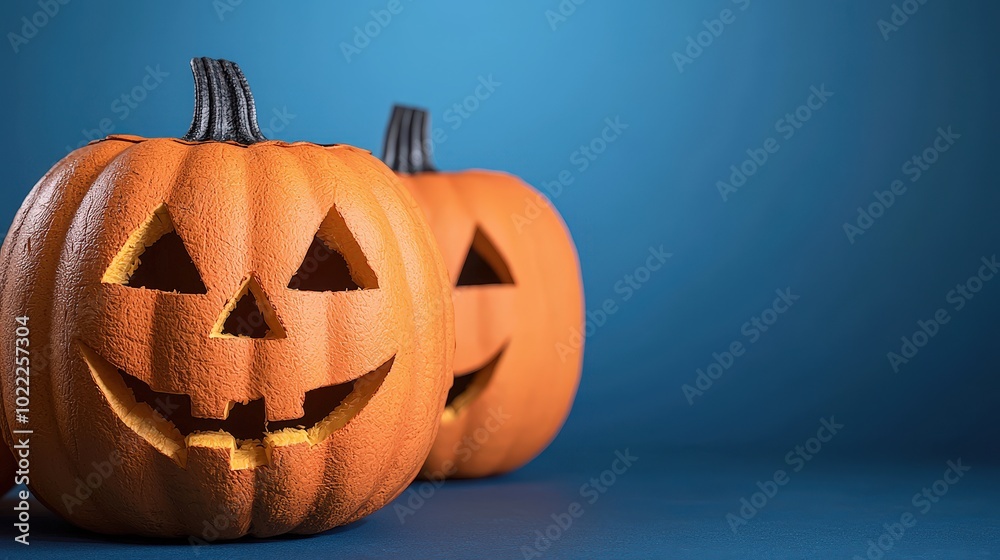 Halloween Jack O Lantern Pumpkins on Blue Background with Copy Space