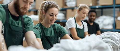 Team working together in a warehouse, focusing on organizing and processing items. photo