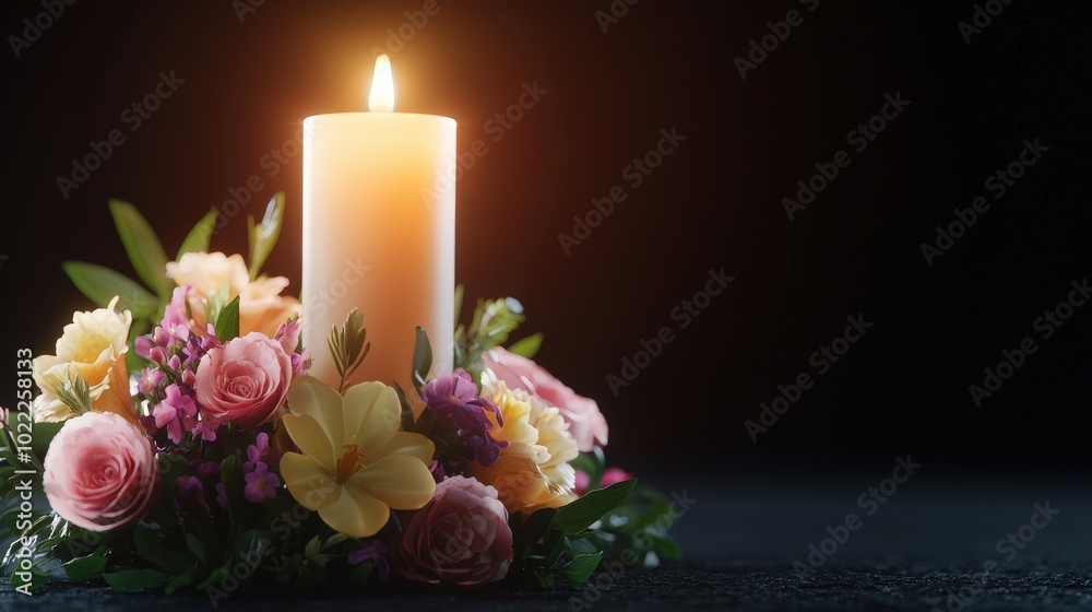 Burning Candle Surrounded by Flowers for Condolences Funeral Ceremony Burning Candle Surrounded by Flowers for Condolences Funeral Ceremony