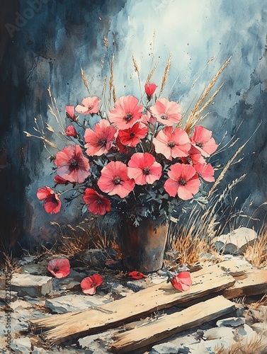 A Painting of a Rustic Vase with Poppies