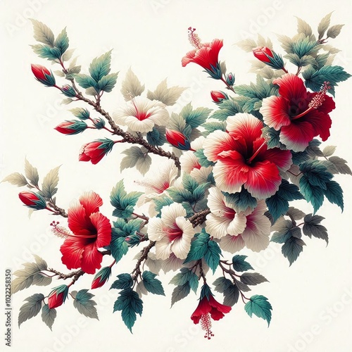 Vintage Red Hibiscus Flowers on Branch – Elegant Botanical Illustration on Light Background