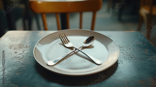A shiny spoon and fork crossed on an empty plate, symbolizing a finished meal in a cozy restaurant.