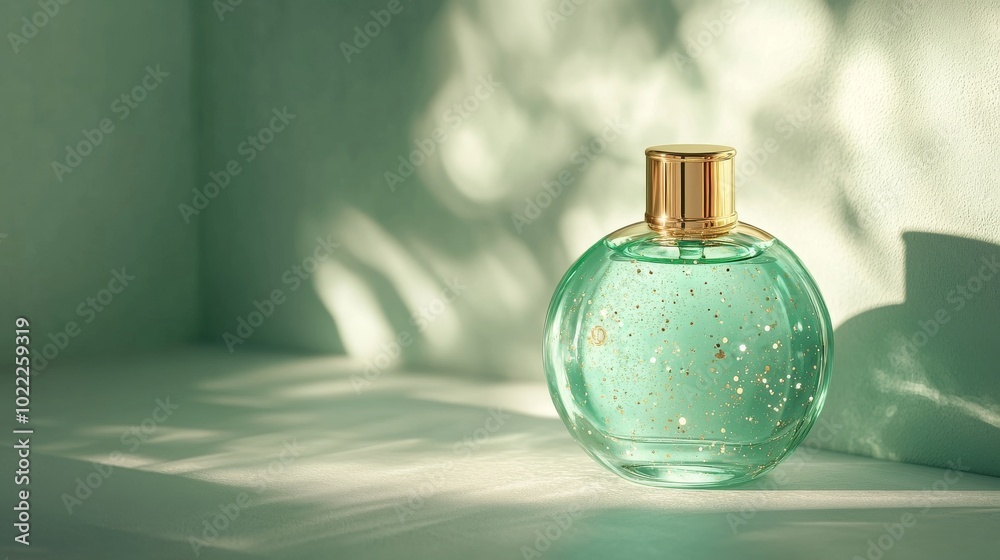 Elegant Green Perfume Bottle with Gold Cap and Sparkles Elegant Green Perfume Bottle with Gold Cap and Sparkles