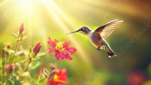 A stunning image of a hummingbird hovering near a bright red flower, its iridescent feathers sparkling in the sunlight.