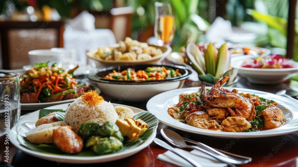 Obraz premium A table full of exotic dishes with a fork and spoon elegantly placed, awaiting diners.