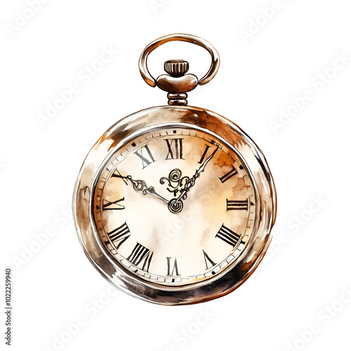 Watercolor Vintage Pocket Watch with Roman Numerals isolated on white background, ready to bring joy to any space , cartoon drawing, water color style