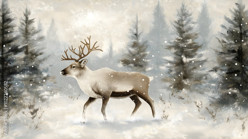 Reindeer Walking Through a Snowy Forest