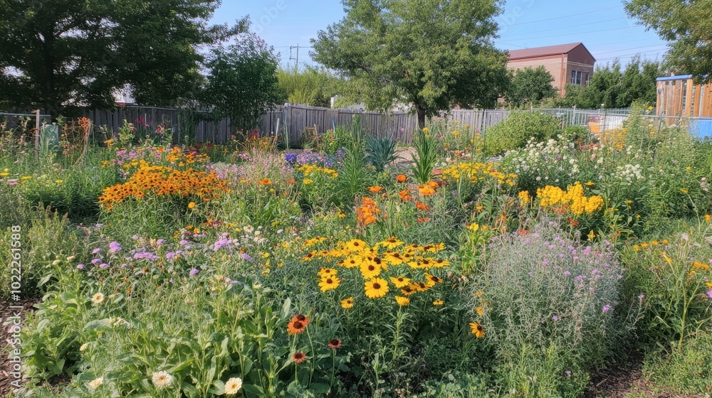 Obraz premium A vibrant display of wildflowers in a community garden, showcasing local efforts to promote biodiversity and appreciation for nature.