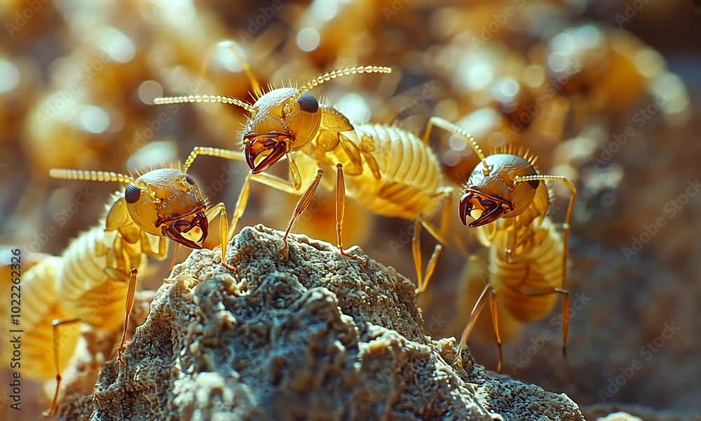 Close-up of termites on a mound, showcasing their intricate details.