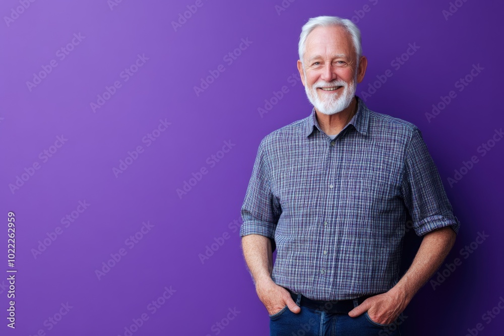 Senior man in casual attire, smiling gently, standing against a solid purple background with space for additional text Senior man in casual attire, smiling gently, standing against a solid purple background with space for additional text