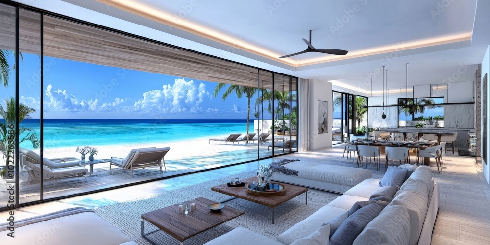 Obraz premium A modern beachfront living room with large sliding glass doors, light-colored furniture, and a sea view in the background, offering a serene panoramic scene