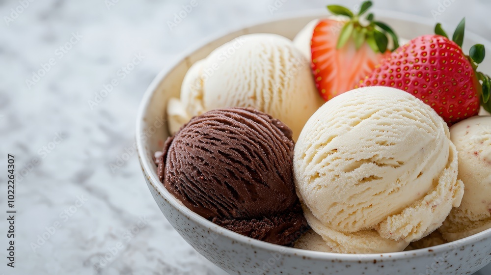 Delicious Ice Cream Scoops in Bowl with Strawberries Summer Dessert Concept Delicious Ice Cream Scoops in Bowl with Strawberries Summer Dessert Concept