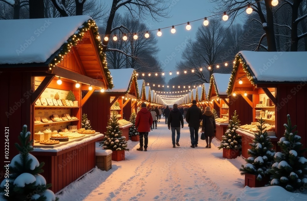 Enjoying a winter evening stroll through a festive holiday market with lights and decorations in a snowy park setting