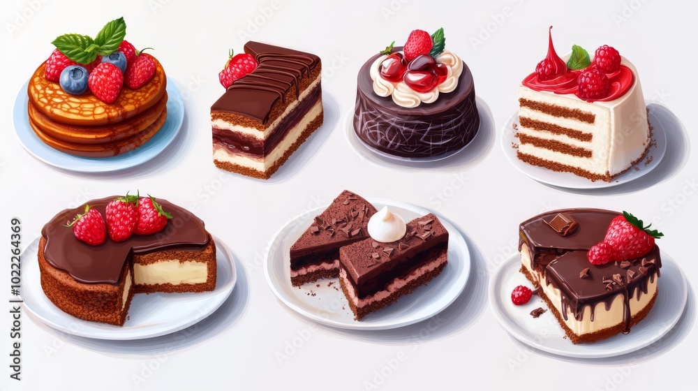 Set of sweets and desserts .chocolate pancakes, cheesecakes and chocolate slice cake. Set of sweets and desserts .chocolate pancakes, cheesecakes and chocolate slice cake.