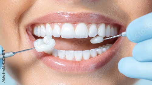Dental Veneer Placement   Close Up of White Teeth and Veneer
