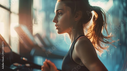 Side profile of a fit girl running on a treadmill at the gym. 
