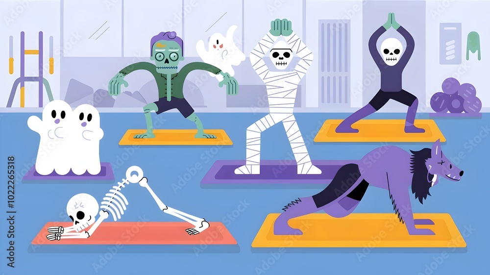 Skeleton and monsters doing yoga poses in a gym Skeleton and monsters doing yoga poses in a gym