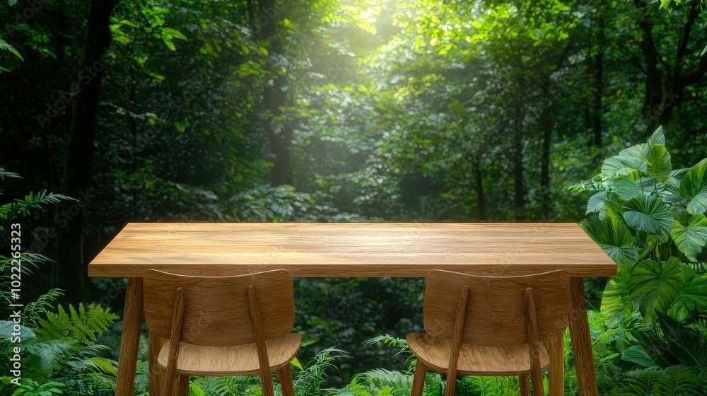 Wooden Table and Chairs in Lush Green Forest with Sunlight Mockup for Product Display Wooden Table and Chairs in Lush Green Forest with Sunlight Mockup for Product Display