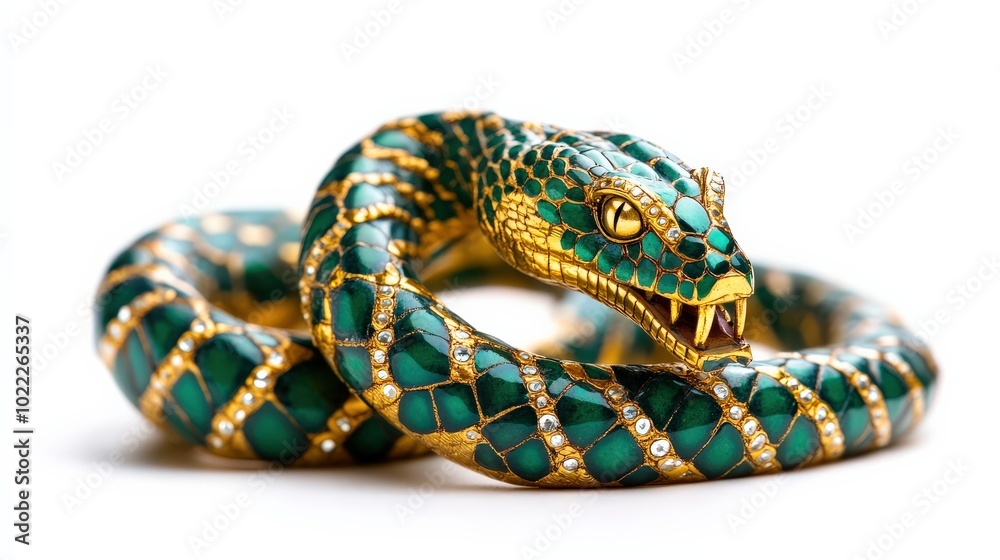 Fototapeta premium Colorful snake sculpture with intricate designs on a white isolated background.