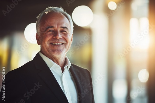 High-resolution brightly lit photorealistic candid photograph of a happy senior businessman captured in a high-end lifestyle magazine style. The light, uplifting feel amplifies his joy. photo