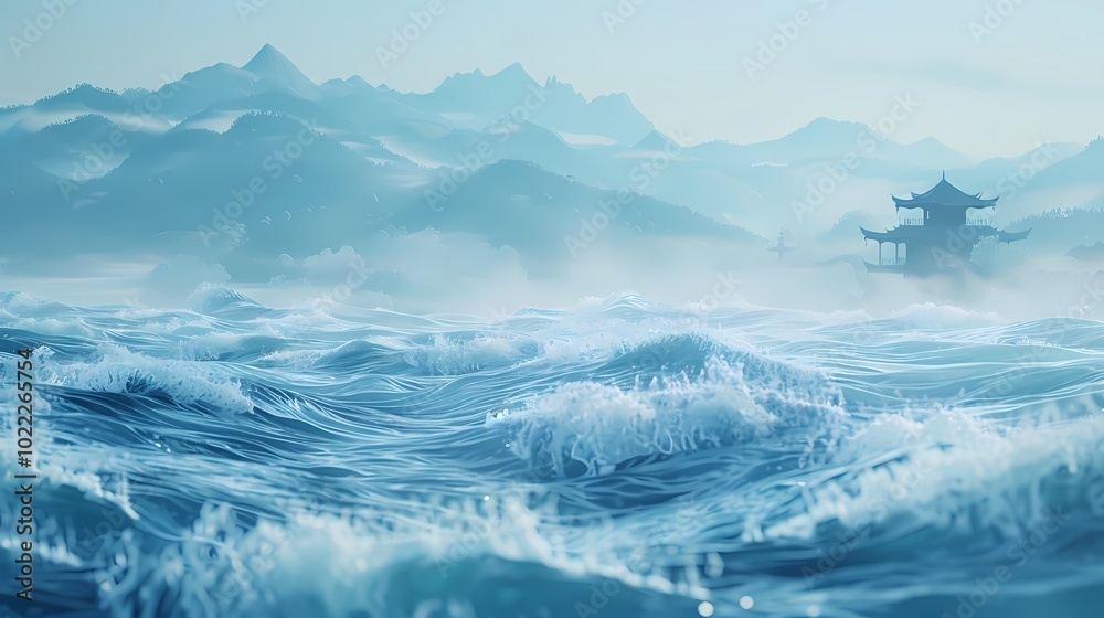 Traditional Chinese Blue Mountains and Pavilions Poster Background