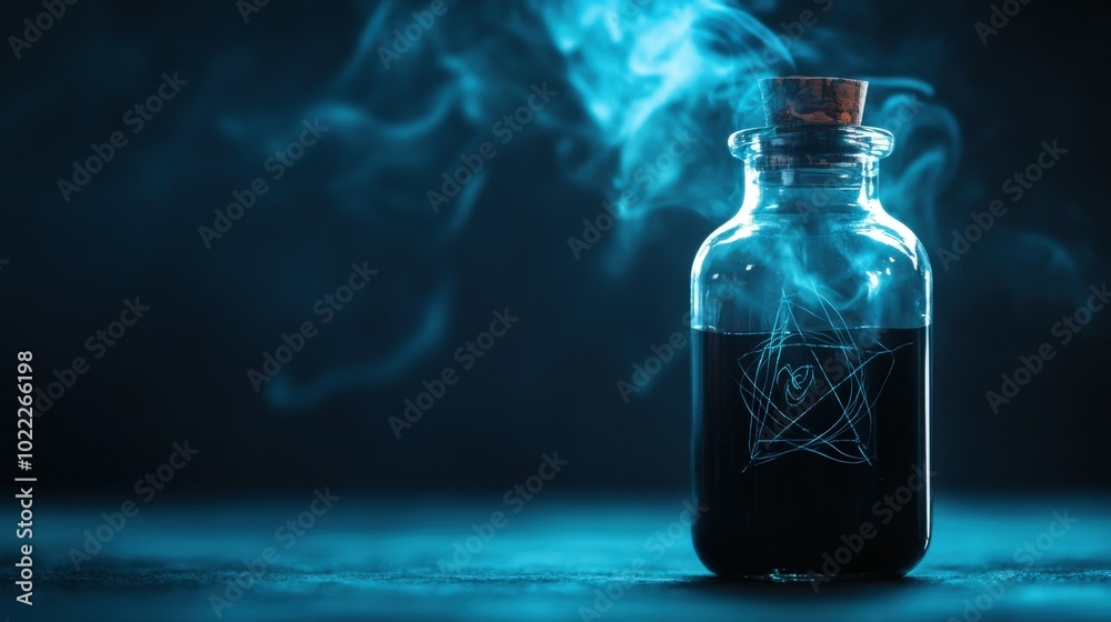 Dark potion in glass bottle with smoke, mystical ambiance, isolated on dark background. Dark potion in glass bottle with smoke, mystical ambiance, isolated on dark background.