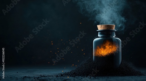 Dark jar with smoke and glowing substance, isolated on a black background. photo