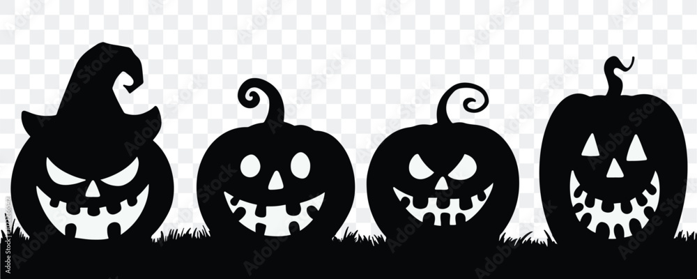 Black Halloween pumpkins with spooky faces on a transparent background. Perfect for Halloween-themed designs, banners, invitations, and social media posts. vector Black Halloween pumpkins with spooky faces on a transparent background. Perfect for Halloween-themed designs, banners, invitations, and social media posts. vector
