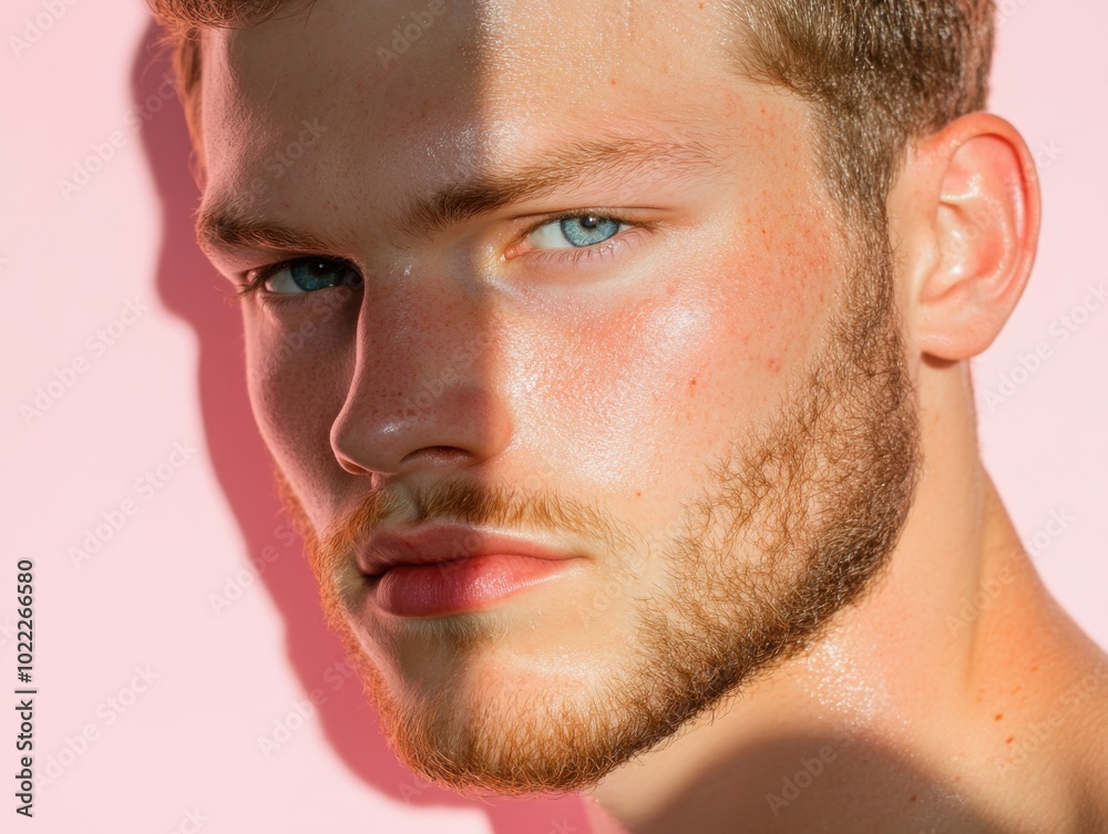 Obraz premium デジタルメディアとファッションデザインのための、柔らかな日光の下で髭を生やした若い男性のポートレート