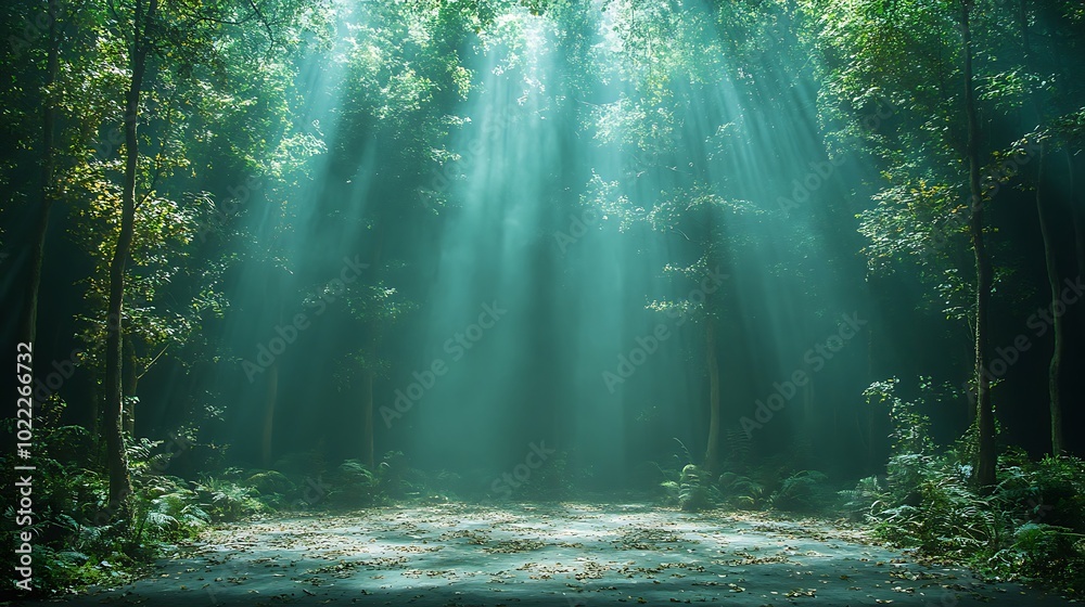 Sunlight beams through the canopy of a lush green forest, illuminating a path ahead. Sunlight beams through the canopy of a lush green forest, illuminating a path ahead.