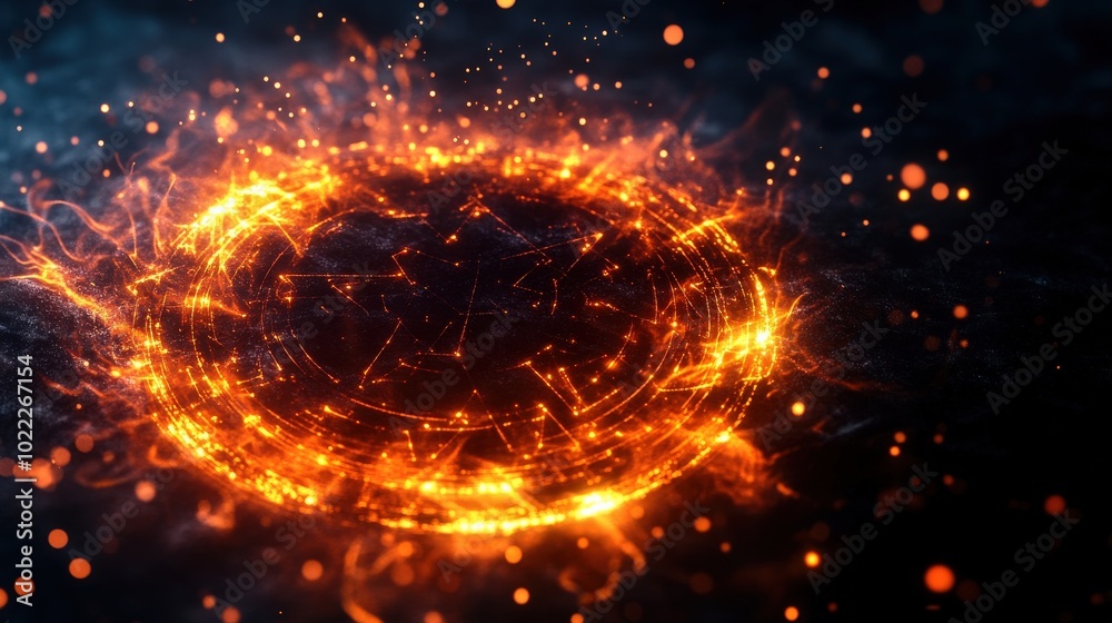 Fototapeta premium Dynamic, glowing circle of fiery sparks and light on dark background.