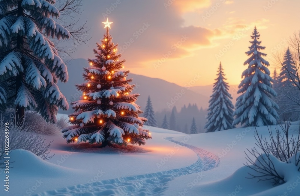 Obraz premium A serene winter landscape featuring a beautifully lit Christmas tree at sunset, surrounded by snowy pine trees