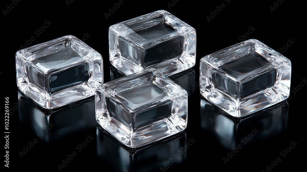 Crystal Glass Cubes Reflection Transparent Square Shapes on Black Background Crystal Glass Cubes Reflection Transparent Square Shapes on Black Background