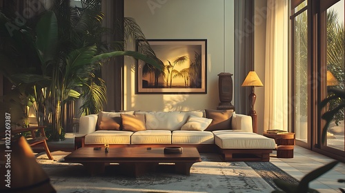 Wallpaper Mural Sunlit Living Room with Sectional Sofa and Palm Tree Artwork Torontodigital.ca