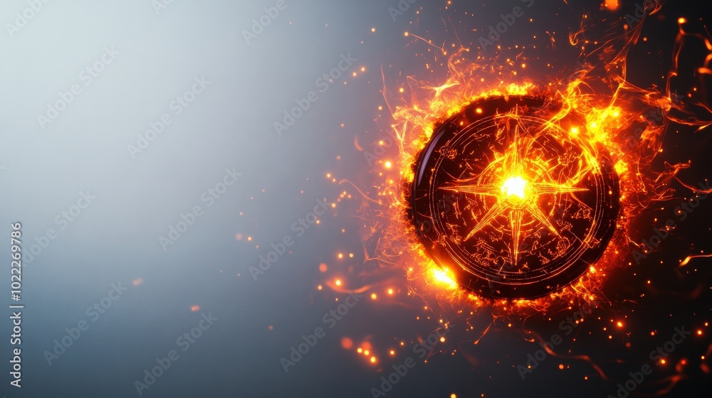 Fototapeta premium Fiery compass design with sparks on a gradient background