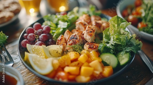 Close-up of a balanced meal with fruits, vegetables, and lean proteins for healthy eating