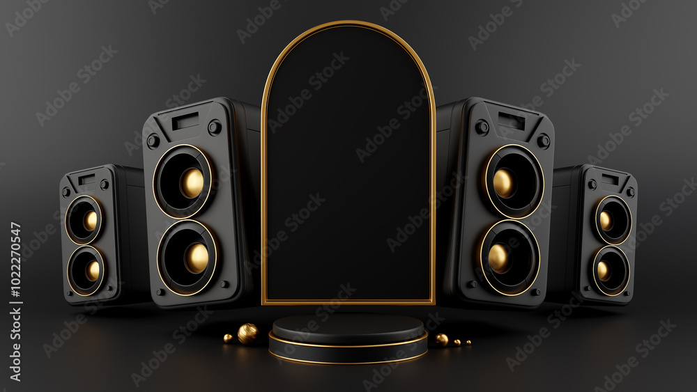 3D rendering black gold luxury and circle podium and left and right audio speaker background, for marketing, price reductions, website banner, sales promotion. 3D rendering black gold luxury and circle podium and left and right audio speaker background, for marketing, price reductions, website banner, sales promotion.