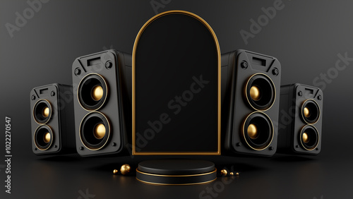 3D rendering black gold luxury and circle podium and left and right audio speaker background, for marketing, price reductions, website banner, sales promotion.