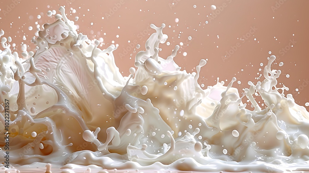 A dramatic splash of white liquid creating a wave-like form against a light brown background. A dramatic splash of white liquid creating a wave-like form against a light brown background.