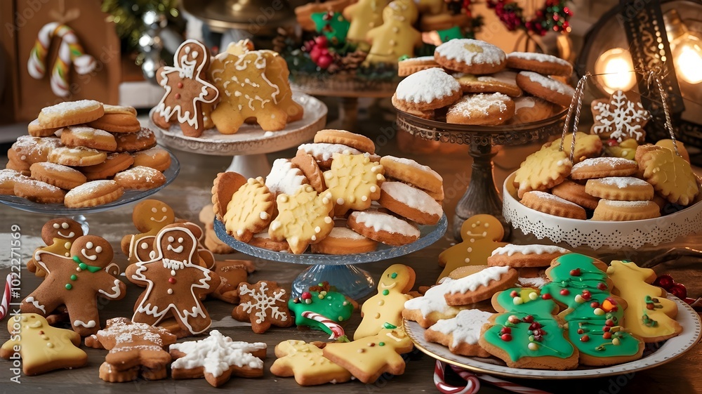 Christmas-themed biscuits including gingerbread men and sugar cookies, arranged in a cozy and rustic setting Christmas-themed biscuits including gingerbread men and sugar cookies, arranged in a cozy and rustic setting