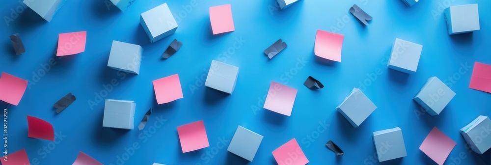 Obraz premium Brightly colored sticky notes and cubes are scattered on a blue surface, representing interactive polls for audience feedback in social media. Generative AI
